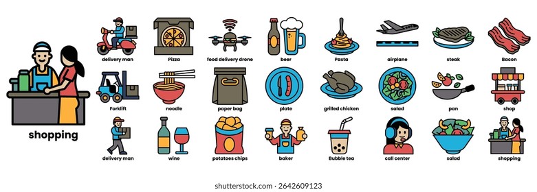 A woman is standing behind a counter with a variety of food items and utensils. The image is a collection of food items and utensils, including a fork, a knife, a spoon, a bowl, a cup, a bottle
