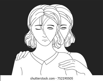 Woman standing behind her sad copy and putting hands on her shoulders. Concept of self aid, support, care and help, inner adult or parent, introspection. Vector illustration in black and white colors.
