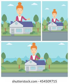 Woman standing behind the house and showing thumb up. Female real estate agent offering the house. Young woman giving thumbs up. Vector flat design Illustration. Square, horizontal, vertical layouts.