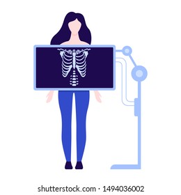 Woman standing behind the x-ray and make examination of the chest. Human body, skeleton. Idea of radiology and body scan. Flat vector illustration
