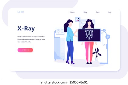 Woman standing behind the x-ray and make examination of the chest. Human body, skeleton. Idea of radiology and body scan. Flat vector illustration