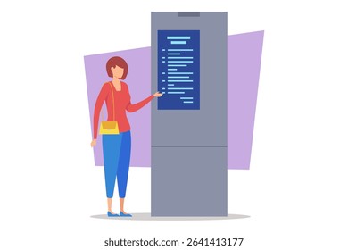 Woman standing beside fridge with digital display. Woman pointing at screen, checking its features while dressed casually