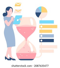 Woman standing beside giant hourglass. Person sending email instead of work. Wasting time concept