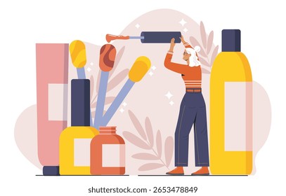 Mulher ao lado de ferramentas gigantes de esmalte de unhas, estilo de desenho animado plano, fundo abstrato rosa com folhas e brilhos, conceito de beleza e cosméticos. Ilustração vetorial