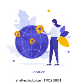 Woman standing beside globe with map pins on it. Concept of geographic location, choice of travel destination, trip or journey planning, world navigation. Modern flat colorful vector illustration.