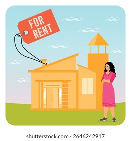A woman standing beside a house with a hanging 'For Rent' tag. Representing of finding rental property and housing decisions. Home for sale concept.