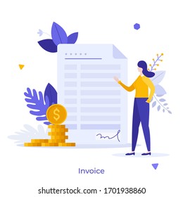 Woman standing beside invoice or bill and stack of dollar coins. Concept of financial document, payment, business money transaction or transfer, finance calculation. Modern flat vector illustration.