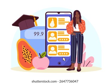 Mulher ao lado de tela grande smartphone com ícones de alimentos saudáveis, boné de formatura e frutas em fundo abstrato. Conceito de educação nutricional inteligente. Ilustração vetorial
