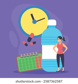 Woman standing beside large water bottle and calendar, clock and pills illustrated in background. Daily health habits and time management concept