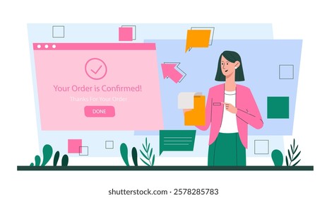 Woman standing beside an order confirmation screen with vibrant elements. Modern flat graphic style, colorful background. Concept of e-commerce success. Vector illustration