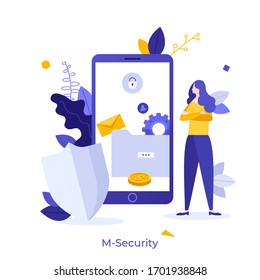 Woman standing beside shield and smartphone. Concept of mobile security, application for safety and protection of personal information, secure user data. Modern flat colorful vector illustration.