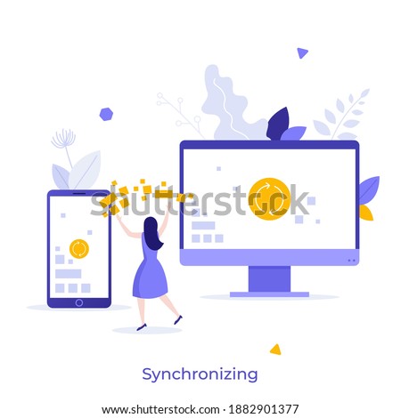 Woman standing between smartphone and computer exchanging data. Concept of digital files synchronization, wireless technology for device syncing and information transfer. Flat vector illustration.