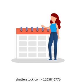 Woman standing at a big calendar. Planning and strategy concept. Event and meeting schedule. Vector flat illustration