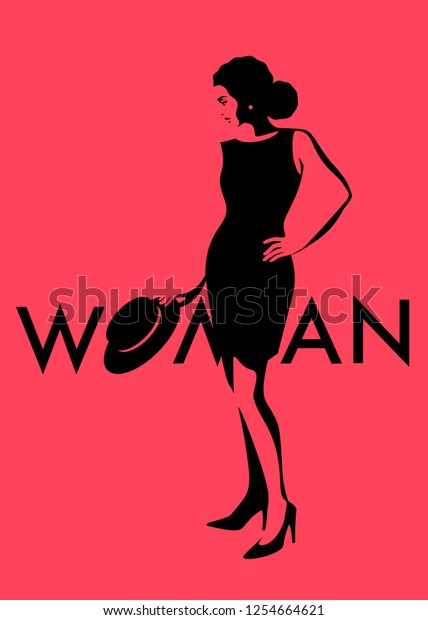 Woman Standing Black Dress Holding Hat Stock Vector Royalty Free