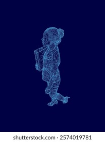 Woman is standing in a blue background with a backpack on her back. The image is a digital rendering of a person, and the blue color gives a sense of calmness and serenity