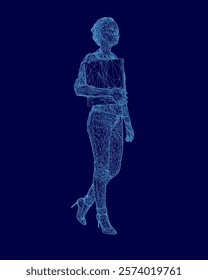 Woman is standing in a blue background with a book in her hand. The image is a digital rendering of a woman in a blue dress, wearing high heels and holding a book. Scene is elegant and sophisticated