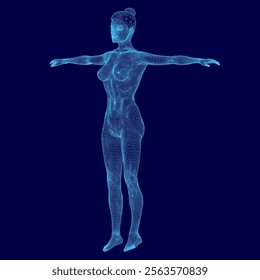 Woman is standing in a blue background with her arms outstretched. The image is a 3D rendering of a woman's body, and the blue color gives it a futuristic and otherworldly feel