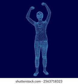 Woman is standing in a blue background with her arms raised. The image is a digital of a person, and the blue color of the background gives a sense of calmness and serenity