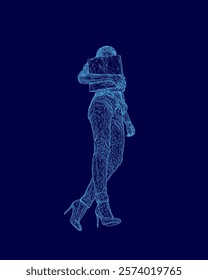 Woman is standing in a blue background with her arms around her legs. The image is a digital of a woman in a dress