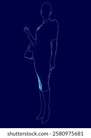 A woman is standing in a blue background with a purse in her hand. The image has a moody and mysterious feel to it, as the woman's silhouette is the only visible part of her