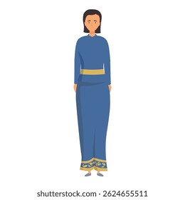 Woman is standing in a blue deel, a traditional mongolian robe