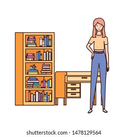 woman standing with bookshelf of wooden and books
