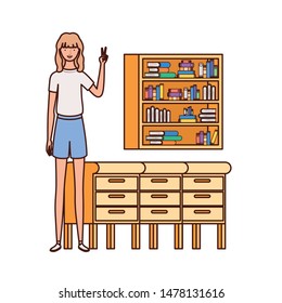 woman standing with bookshelf of wooden and books