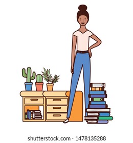 woman standing with bookshelf of wooden and books