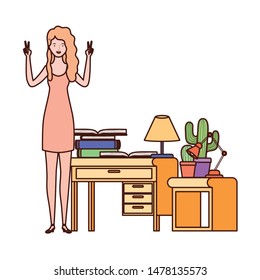 woman standing with bookshelf of wooden and books