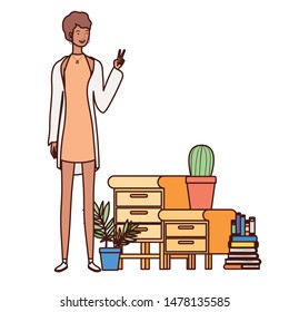 woman standing with bookshelf of wooden and books