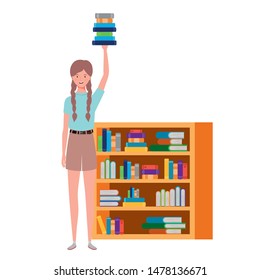 woman standing with bookshelf of wooden and books