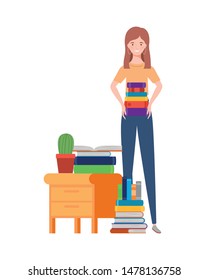 woman standing with bookshelf of wooden and books
