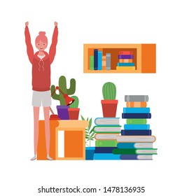 woman standing with bookshelf of wooden and books