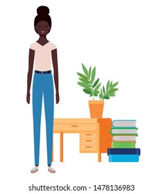 woman standing with bookshelf of wooden and books