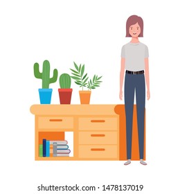 woman standing with bookshelf of wooden and books