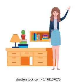 woman standing with bookshelf of wooden and books