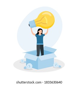 Woman Standing In Box With Light Bulb, The Concept Of Finding Ideas. Innovation Ideas And Projects. Vector Illustration