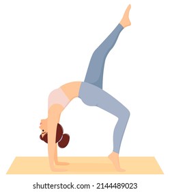 Woman standing in bridge pose. Girl doing pilates, fitness and yoga exercises on mat. Healthy lifestyle. Workout, vector illustration