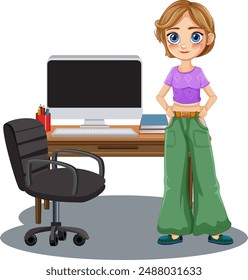 Woman standing by desk with computer