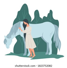 Woman standing by horse, riding or racing hobby. Landscape with female character hugging mare or stallion. Personage surrounded by natural calm, forest with trees and foliage, vector in flat style