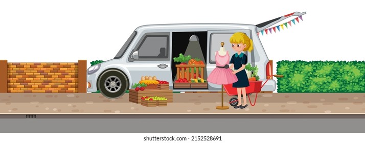 Woman standing by vegetable van illustration