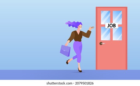 Woman standing candidate office room doors. Businesswoman searching for job. Recruitment process. make decision for new opportunity in work or career development. Vector illustration