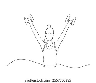 A woman standing casually, lifting a dumbbell with both hands. Perfect for illustrating fitness, strength training, and workout concepts. Minimalist continuous line art style adds a modern touch.