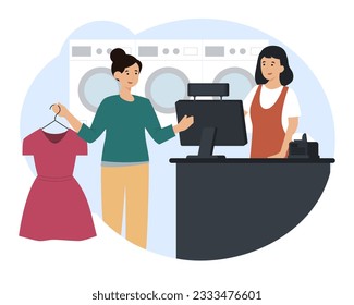 Woman standing at checkout, holding dress and consults with cashier. Concept of public laundry and dry cleaning. Flat vector illustration in blue colors in cartoon style