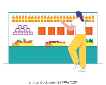 Woman is standing choosing food and vegetables in the supermarket, carrots, onions, vegetables and produce. Character design. Vector flat illustration