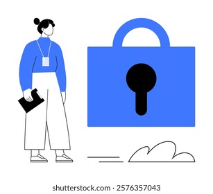 Woman standing with clipboard beside a large blue lock symbolizes security and information. Ideal for data protection, privacy, secure communication, digital safety, and cybersecurity themes in