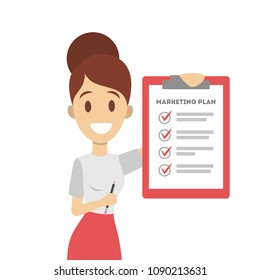 Woman standing with clipboard with marketing plan.