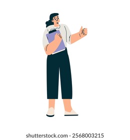 Woman Standing with Clipboard at Shooting Film Movie Production Scene Vector Illustration