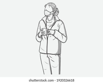 A woman standing with a coffee cup . Wear a mask. New normal. Human character on white background. Hand drawn style vector design illustrations.	