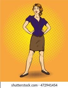 Woman Standing In Confident Position Retro Comic Pop Art Vector Illustration. 